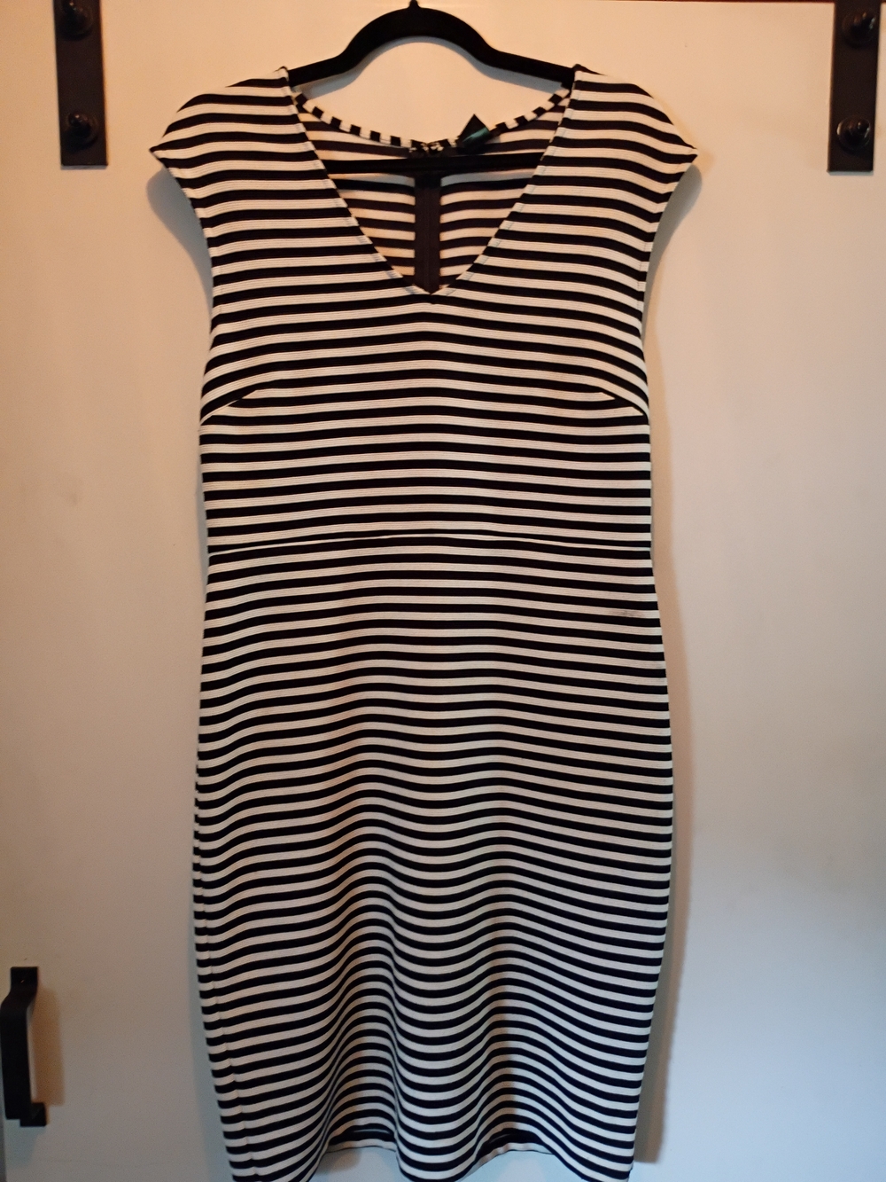Ann Taylor Black and White Striped V-Neck Midi Dress